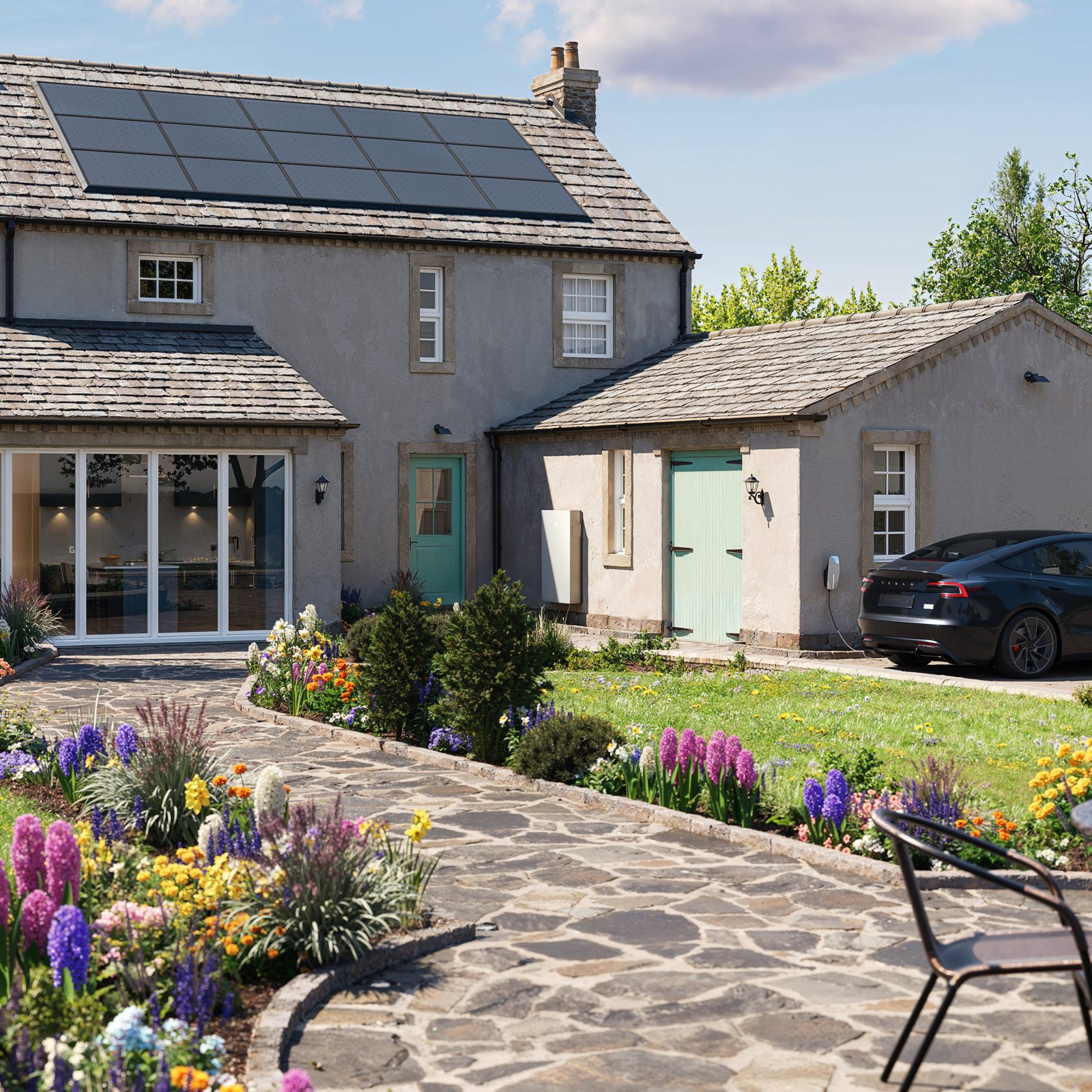 Illustration of a stone cottage with solar panels on the roof, a Tesla Powerwall 3 on the wall and an electric car on the drive