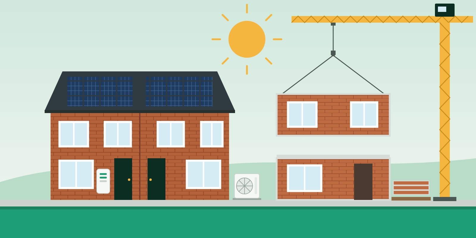 Illustration of a brick-slip wall panel being craned onto a factory-built house, next to finished homes with solar panels, a wall-mounted battery and a heat pump