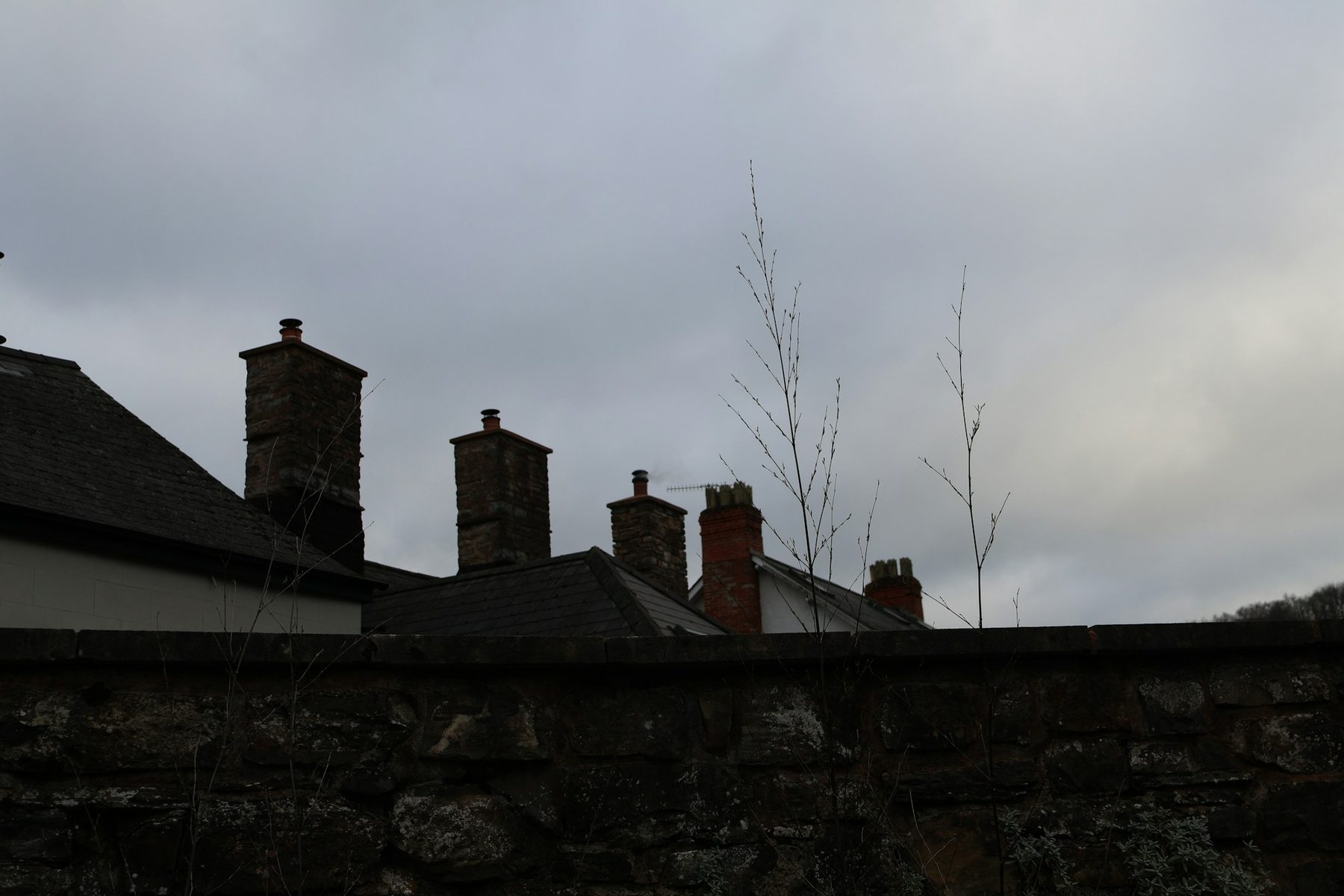 Rooftops and chimneys under a cloudy sky. Illustrative image