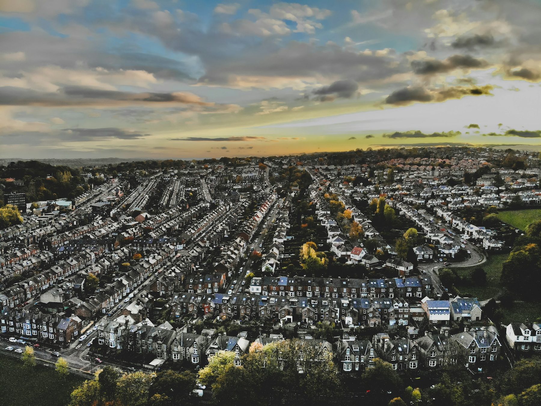 Terraced streets seen from above at dusk. Illustrative image