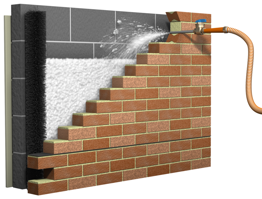 Illustration of cavity wall insulation being injected as beads into the cavity between the outer brick and inner block wall
