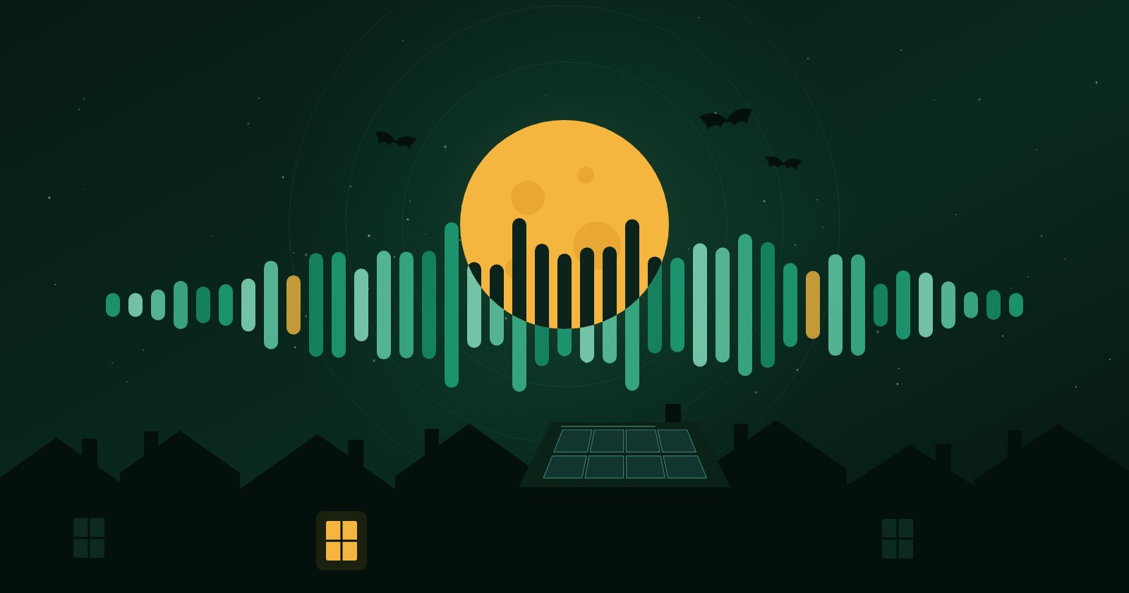 A gold full moon behind sound bars over a row of rooftops at night, one roof with solar panels and one window lit