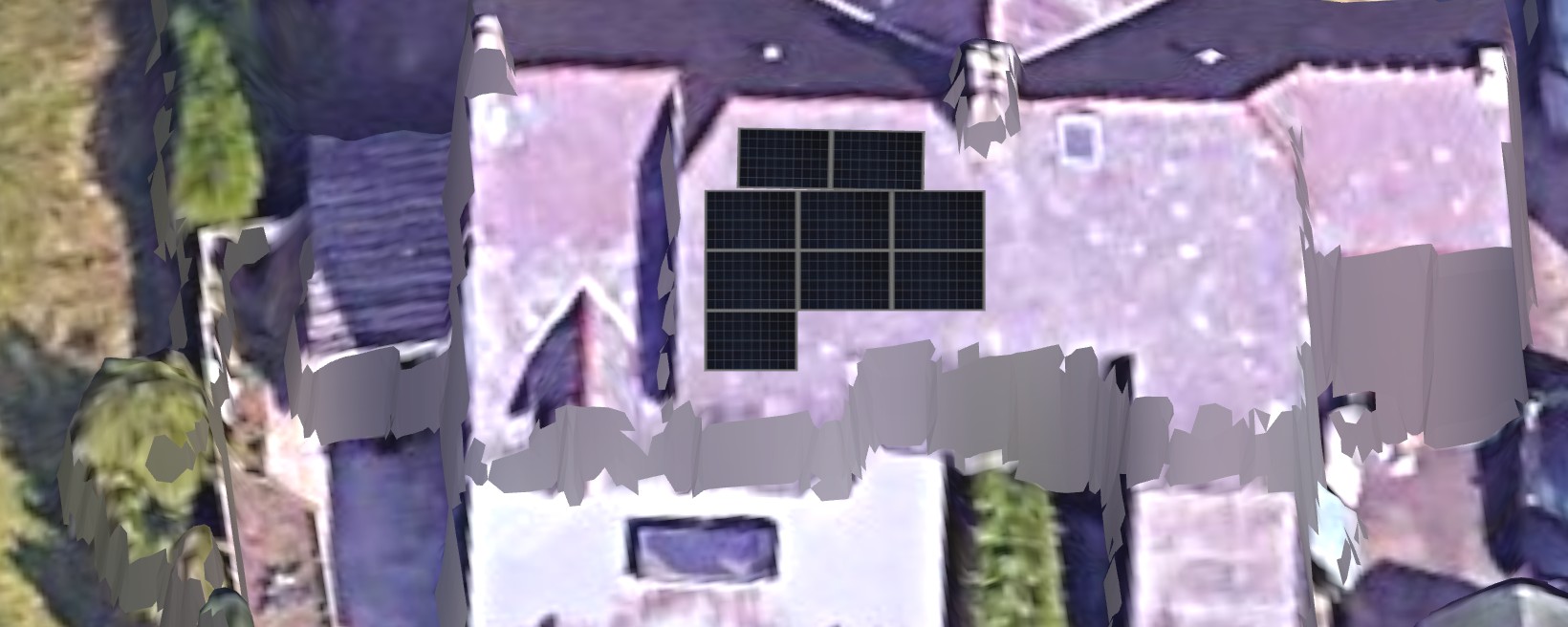 The OpenSolar design view of the rear roof at Somerset Avenue from above, nine panels stepped around the dormer