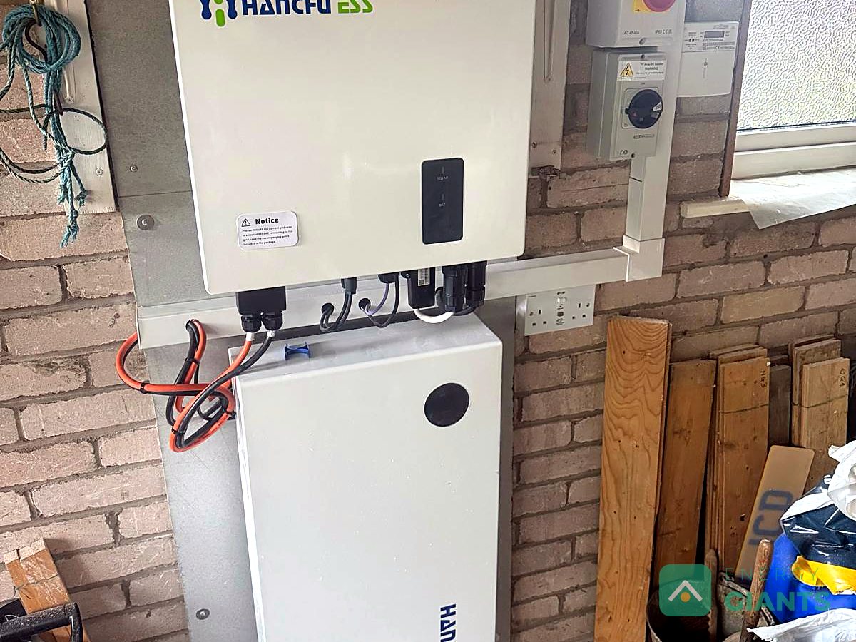 The Hanchu inverter and battery on the garage wall