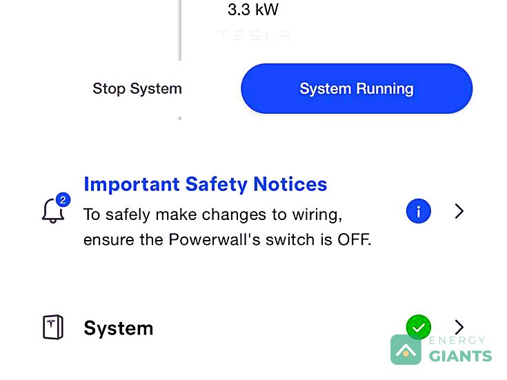 The Tesla app showing the system running