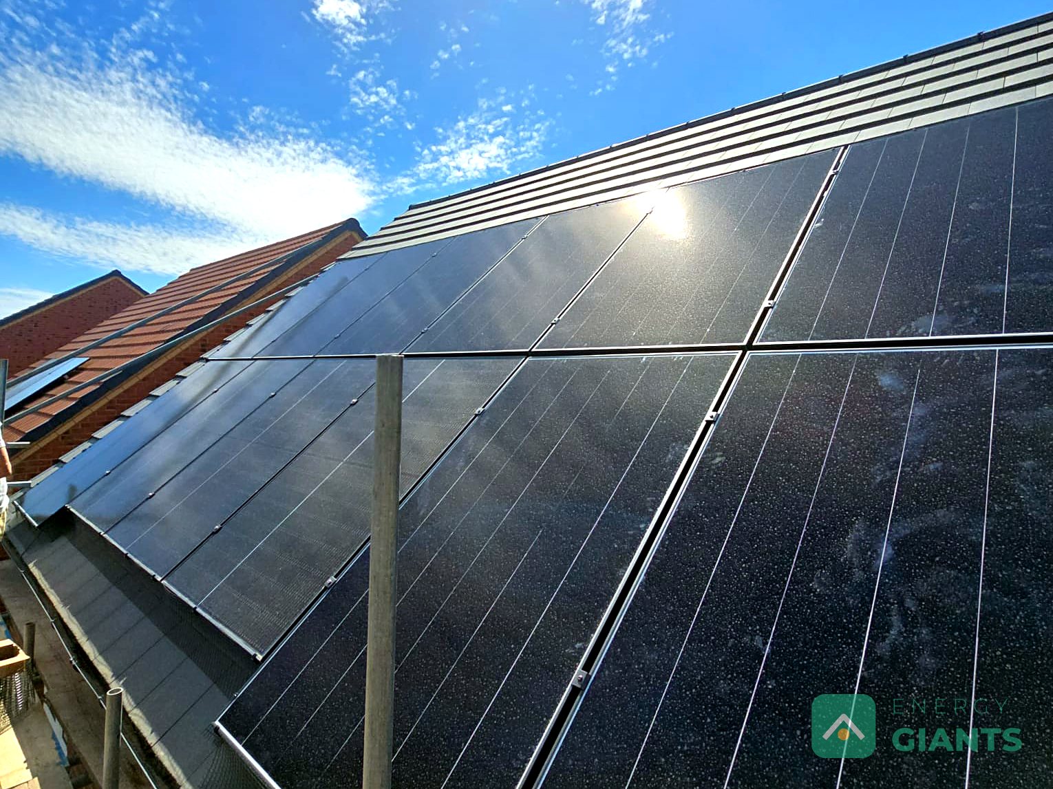 The finished array on the east roof, photographed from the ground