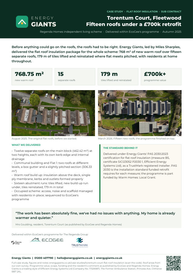 The Torentum Court, Fleetwood flat roof case study, one page summary PDF