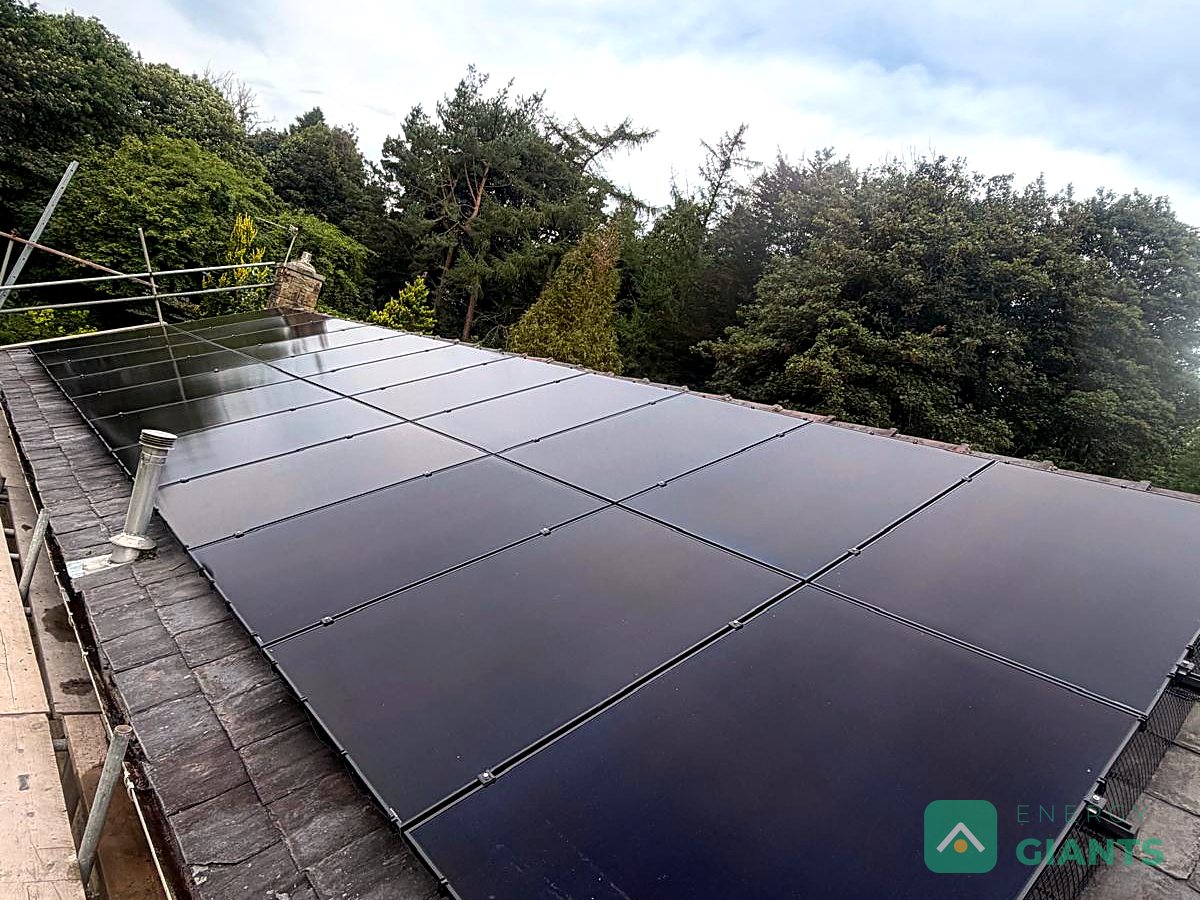 Twenty two black Aiko panels we installed on a natural slate roof in Great Harwood