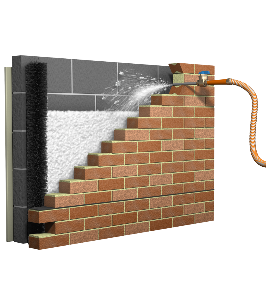 Illustration of a cavity wall with failed insulation, showing where damp collects and how the fill is extracted